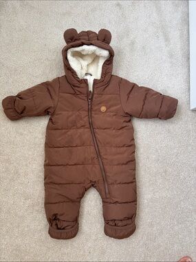 H&M Brown Puffer One-Piece Footie with Sherpa Hood. Baby size 4 to 6 months
